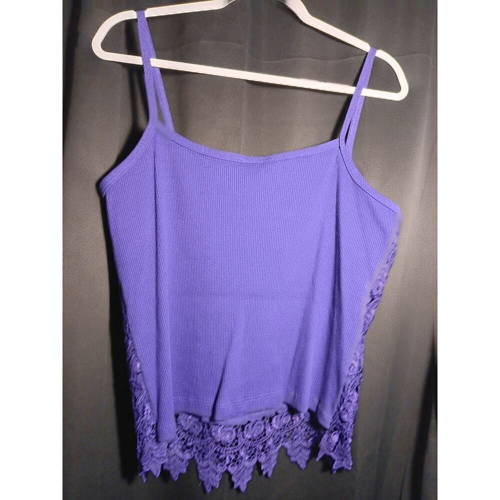 VTG Y2K Cami Crop Top XL Purple Ribbed Floral Crochet Lace Festival Rave Boho US - Picture 6 of 6